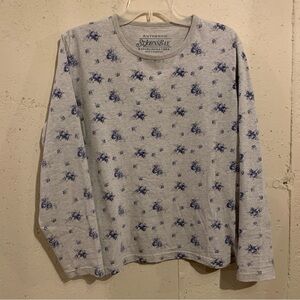 100% Cotton Shirt Long Sleeve Top St Johns Bay Gray Blue Floral Size XL Petite